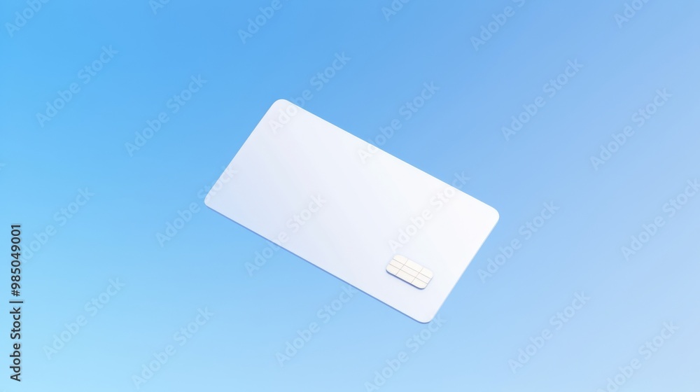 Poster a blank white plastic card floating in the air against a blue background, perfect for mock-up design
