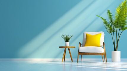 Cozy Living Space with Bright Blue Wall and Green Plants