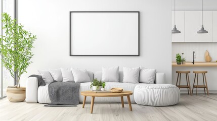 Modern minimalist living room with white decor and plants