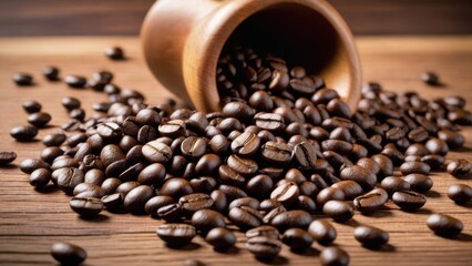 Fototapeta premium A wooden container spills roasted coffee beans onto a wooden surface, highlighting their rich color and texture.