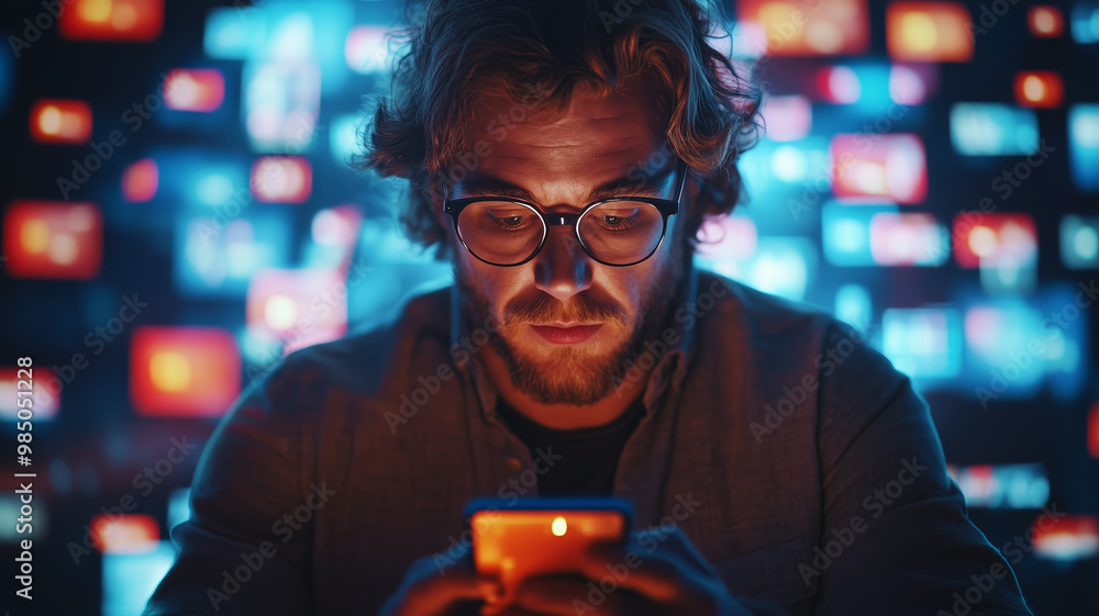 Poster portrait of caucasian man using smartphone in metaverse with animated stream of interfaces with soci