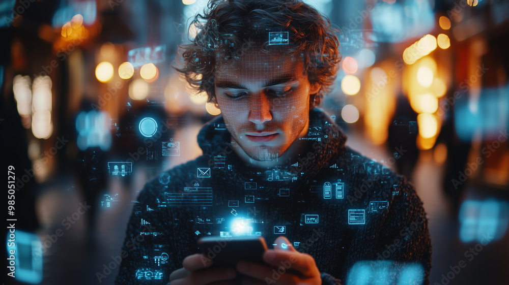 Poster portrait of caucasian man using smartphone in metaverse with animated stream of interfaces with soci