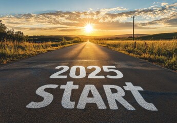 "2025 START" on an Open Road with Golden Sunrise in the Background, Symbolizing New Beginnings and Opportunities for Growth in a Vibrant Landscape.

