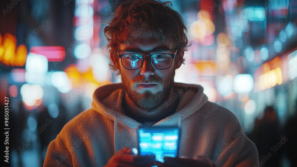 Poster portrait of caucasian man using smartphone in metaverse with animated stream of interfaces with soci