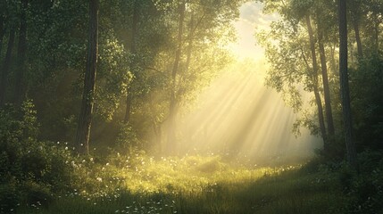 Obraz premium Sunbeams Illuminating a Misty Forest Path with White Wildflowers