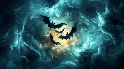 A dark graphic showing bats flying through a vortex of mystical energy and runes in the sky.