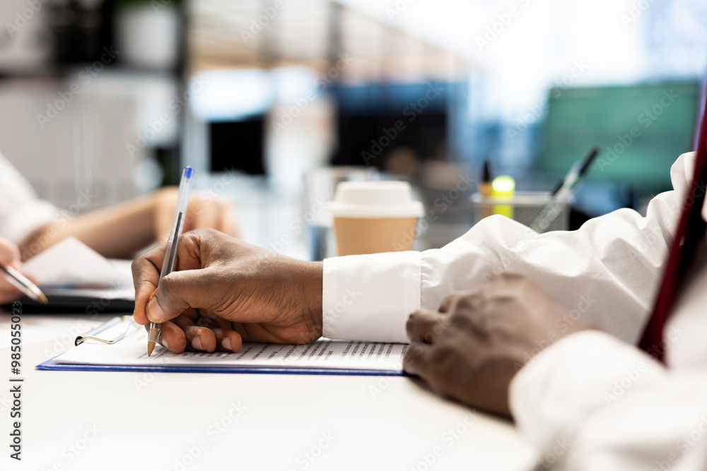 Poster recruiter signing contract after finding best talent to fill open company position. close up of huma