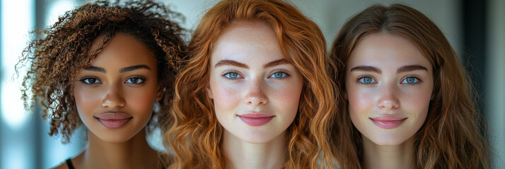 Obraz premium Three young women with different hair colors and ethnicities.