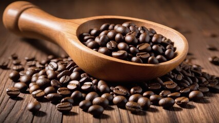 A wooden scoop filled with roasted coffee beans on a rustic wooden surface.