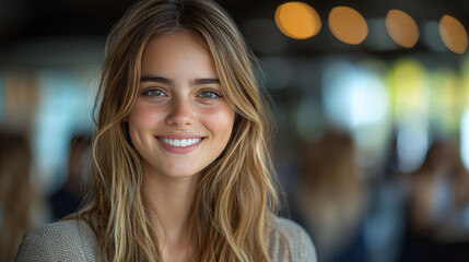 Obraz premium A young woman smiles brightly at the camera.
