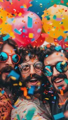 Fototapeta premium Colorful Mustache Day Celebration with Friends Amidst Confetti and Balloons - Social Media Design