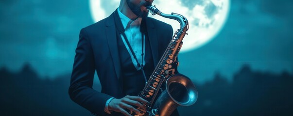 A vampire saxophonist playing smooth melodies under the full moon at Montreal Jazz Festival focus on - Jazz with a bite of spookiness - dynamic - Double exposure - Moonlit sky back