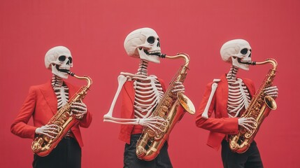 A skeleton jazz band playing for a Halloween-themed crowd at Montreal Jazz Festival focus on - Spooky swing and rhythm - surreal - Fusion - Street stage backdrop