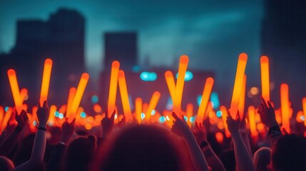 Audience waving glow sticks shaped like pumpkins during a nighttime Montreal Jazz Festival performance selective focus - Halloween fun adding light to the music - whimsical - Multi