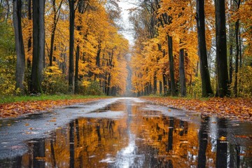 Vibrant Autumn Landscape with Reflective Wet Road and Orange Leaves - Scenic Fall Photography for Travel Marketing and Nature Promotion