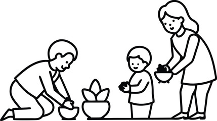 Gardening Together Family Planting a Garden Vector Art for Kids Coloring
