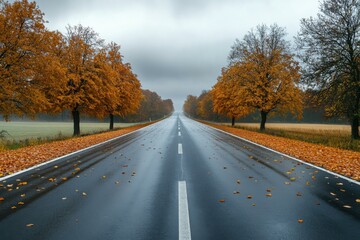Fototapeta premium Tranquil Autumn Road Surrounded by Vibrant Orange Trees and Misty Landscape - Ideal for Nature and Wellness Marketing