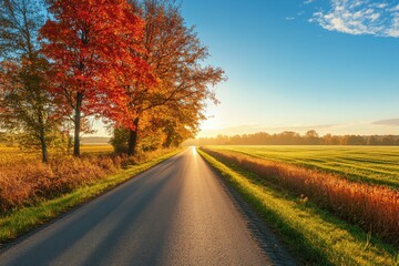 Fototapeta premium Vibrant Autumn Road with Orange Trees and Blue Sky - Scenic Fall Landscape for Travel and Tourism Marketing