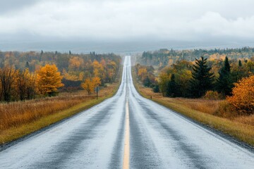 Fototapeta premium Autumn Road Trip Through Colorful Foliage and Cloudy Skies - Scenic Fall Landscape for Travel and Adventure Photography