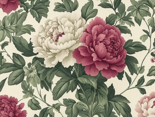 Seamless floral pattern with peonies on white background,