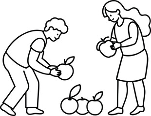 Family Fun Apple Picking Scene Vector Illustration for Kids to Color





