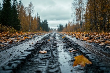 Muddy Autumn Road with Tire Tracks and Fallen Leaves - Scenic Landscape for Outdoor Adventures and Fall Activities