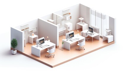 Minimalist office interior design with two workstations, a window, and a plant.