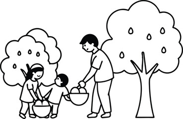 Family Picking Apples Together Vector Illustration for Kids Fun

