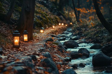 Tranquil Autumn Pathway with Lanterns and Stream - Serene Nature Scene for Wellness Retreats and Outdoor Events
