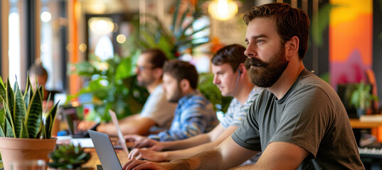 Modern Coworking Space with Men Celebrating Movember with Mustaches
