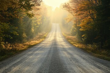Naklejka premium Winding Dirt Road Through Autumn Forest with Soft Sunlight - Scenic Nature Landscape for Travel, Hiking, and Outdoor Adventure