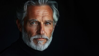 Fototapeta premium Portrait of a charismatic senior man with grey hair and beard on black background