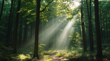 Obraz premium Sunbeams filtering through the canopy of a dense forest