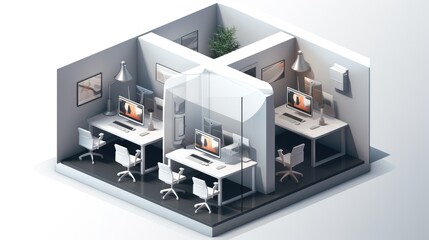 Isometric view of a modern office space with two workstations separated by a glass partition.