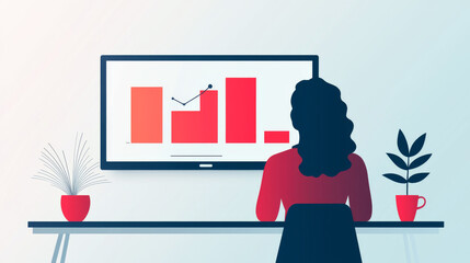 A woman sitting at a desk, looking at a computer screen with a bar graph.