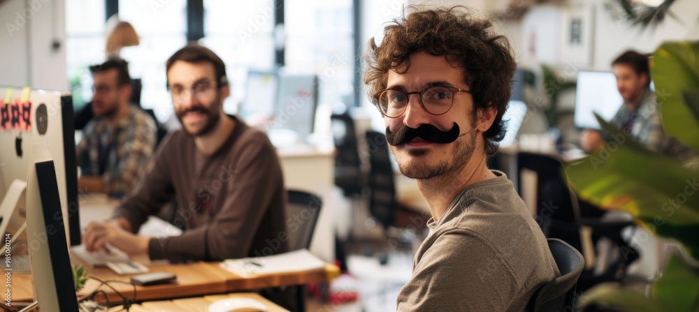 Poster tech startup office with movember mustaches: modern workspace and team collaboration