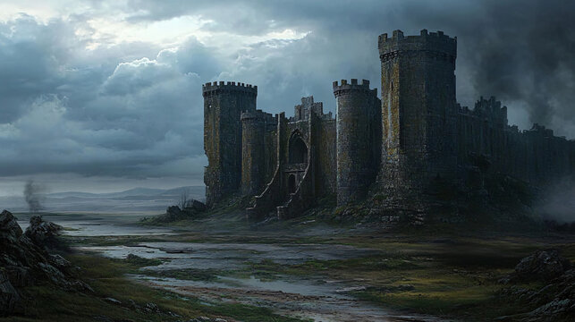 A crumbling castle with battlements overlooking a vast, empty plain, the sky heavy with storm clouds.