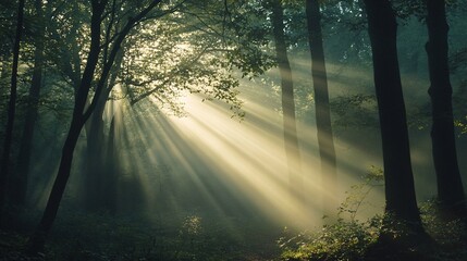 Naklejka premium Sunbeams Shining Through Foggy Forest Trees