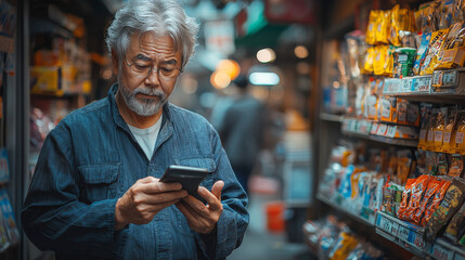 A senior Asian man uses his phone to check prices while shopping in a store.