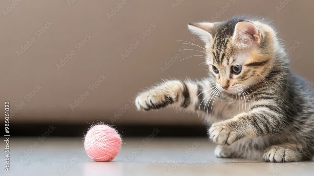 Sticker A kitten playing with a ball of yarn on the floor, AI