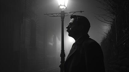Moody Black and White Film Noir Style: Man with Handlebar Mustache Under Streetlamp in Foggy Alley