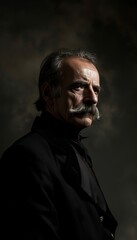Obraz premium Dramatic Portrait of a Man with a Sculpted Mustache in Black Suit Against Dark Moody Backdrop