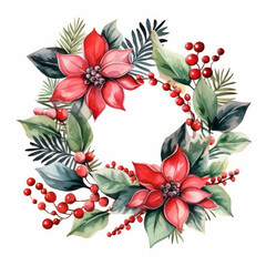Watercolor Christmas floral wreath with green fir twigs, poinsettia flower, red berries. Winter holiday frame on white background. Xmas, New Year painting for greeting card, invitation with copy space