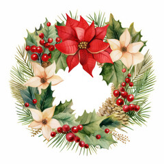 Fototapeta premium Watercolor Christmas floral wreath with green fir twigs, poinsettia flower, red berries. Winter holiday frame on white background. Xmas, New Year painting for greeting card, invitation with copy space