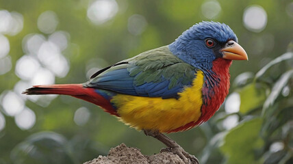 A bird with mismatched features—a large, heavy body with tiny wings, an oversized beak, and brightly colored, irregular feathers in red, blue, and yellow. Its eyes are wide 