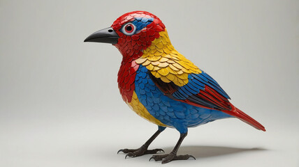 A bird with mismatched features—a large, heavy body with tiny wings, an oversized beak, and brightly colored, irregular feathers in red, blue, and yellow. Its eyes are wide 