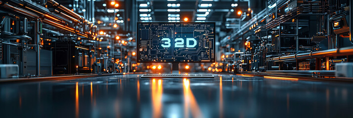 Fototapeta premium A futuristic 3D rendering of a computer screen with the text 32D displayed on it.
