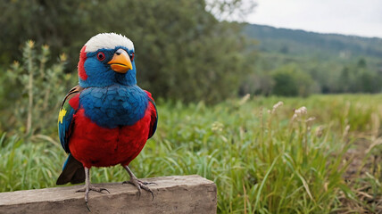 A bird with mismatched features&mdash;a large, heavy body with tiny wings, an oversized beak, and brightly colored, irregular feathers in red, blue, and yellow. Its eyes are wide 