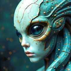Whimsical Alien Elegance. Teal and Gold Kintsugi Art