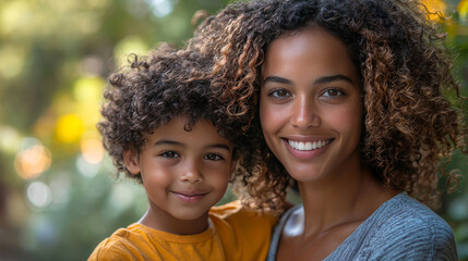A young Black mother and her son smiling together.